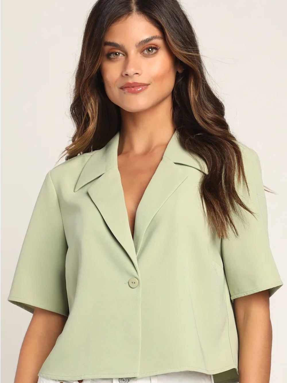 Verifiably Vogue Sage Green Cropped Short Sleeve Blazer